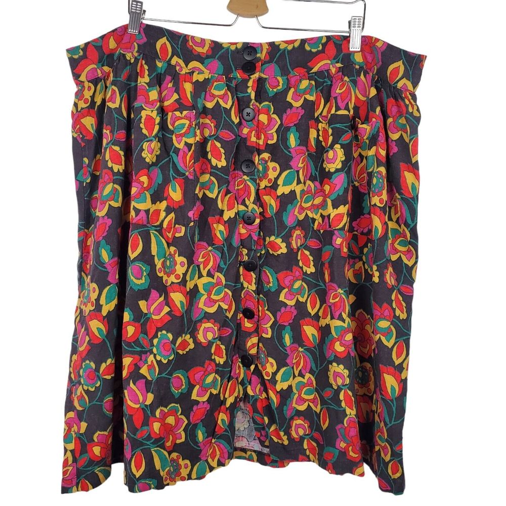 ModCloth Black Red Pink Floral Lined Rayon Linen Button Front Skirt Sz 3X